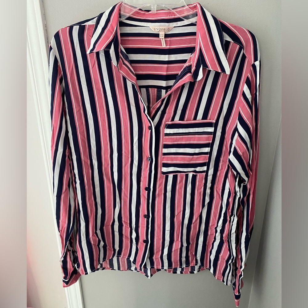 🔴 ESQUALO Pink, Navy And White Striped Button Down Shirt